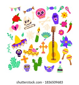 Dia De Los Muertos Objects. Vector Illustration of Mexican Holiday Symbols. Day of the Dead.