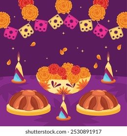 Ofrenda del Día de los Muertos con flores, velas y Vector gelatinoso