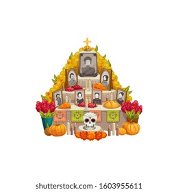 Dia de los muertos ofrenda altar with offerings to Day of Dead isolated. Vector family photos, pumpkins and flowers