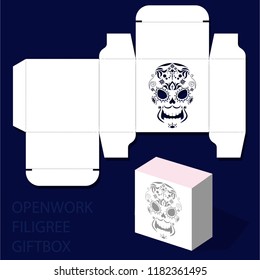 Dia de los muertos openwork laser cut template gift box with skull 