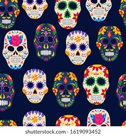 Dia de los muertos painted sugar skull seamless pattern on dark background - Day of the dead backdrop with Mexican holiday symbols. Flat vector illustration.