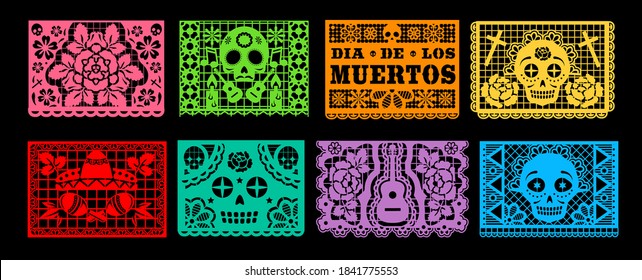 Dia de los Muertos papel picado vector set of Mexican Day of the Dead or Halloween holiday. Paper cutting flags bunting garland with pattern of skull, sombrero, maracas, guitar and marigold flower