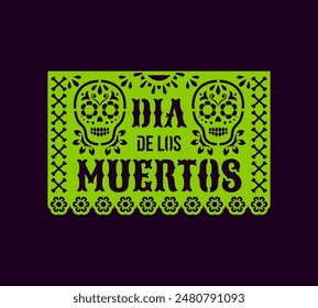 Dia de los Muertos papel picado, Mexican paper pecked flag. Vector Mexico fiesta decoration, design for Day of dead, Dia de Muertos bunting