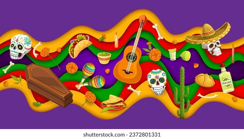 Dia de los muertos paper cut banner. Day of the dead mexican holiday 3d vector art with colorful wavy layered frame, calavera skulls, coffin, guitar and sombrero. Tex mex food, maracas, marigolds