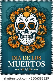 Dia de los Muertos paper cut poster with a hand drawn white sugar skull (Calavera, calaca) decorated with intricate designs and vibrant orange marigold flowers on teal background for Day of the Dead