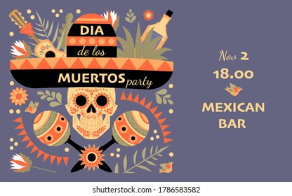 Dia de los muertos party. Day of the Dead invitation banner with decorated skull, hat and musical instruments on a background of flowers and leaves. Illustration in flat style