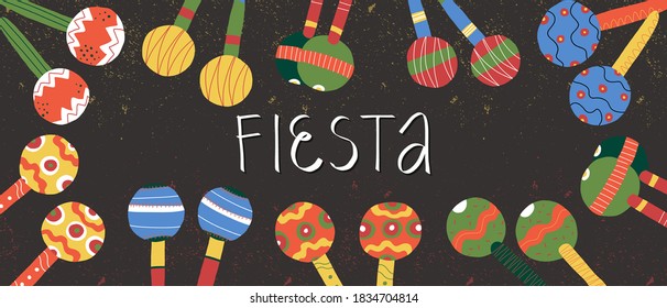 Dia de los muertos party invitation design, banner template on textured colorful confetti background. Lettering and cute various maracas frame. Vector hand-drawn illustration.