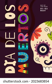 Dia de Los Muertos party poster. Mexican Day of the Dead national Mexico festival greeting card. Colourful lettering and skull on Latin America holiday banner. Traditional november carnival eps flyer