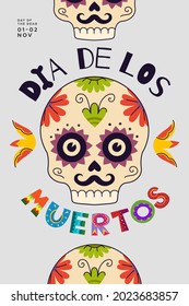 Dia de Los Muertos party poster. Mexican Day of the Dead national Mexico festival greeting card. Vector lettering and skull on Latin America holiday flyer. Traditional november carnival illustration