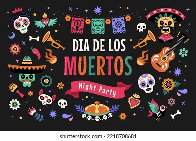 Dia de Los Muertos party banner concept. Vector flat cartoon illustration with sugar skulls, guitar, paper cuttings, hearts, and other Mexican festive symbols, surrounded by flowers. Black background