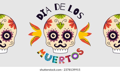 Dia de Los Muertos party horizontal poster. Mexican Day of the Dead national Mexico festival greeting card. Vector lettering and skull on Latin America holiday flyer. Traditional carnival illustration