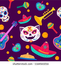Dia de los muertos pattern. Day of the dead background in cartoon style