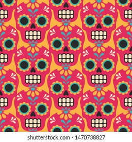 Dia de los Muertos pattern. Vector seamless pattern with traditional Mexican sugar skulls in trendy flat style. Isolated on yellow background.