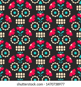 Dia de los Muertos pattern. Vector seamless pattern with traditional Mexican sugar skulls in trendy flat style. Isolated on black background.