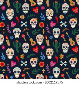 Dia de los muertos pattern. Day of the dead mexican floral sugar human head bones vector illustration. Dead day holiday seamless pattern. Decoration mexican halloween with floral skull and guitar