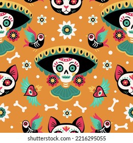 Dia De Los Muertos Pattern. Vector Cartoon Seamless Pattern With Mexican Festive Character Catrina, Hearts, Dead Bird, Cat Skull, And Flowers. Isolated On Yellow Background