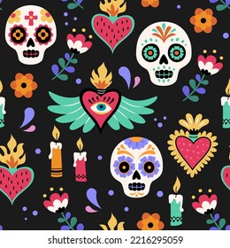 Dia de los Muertos pattern. Vector cartoon seamless pattern with Mexican traditional festive sugar skulls, hearts, candles, and flowers. Isolated on dark background