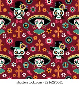 Patrón del Día de los Muertos. Dibujo vectorial sin fisuras con personajes festivos tradicionales mexicanos: La Catrina y el caballero, rodeados de cruces y flores. Aislado sobre fondo oscuro