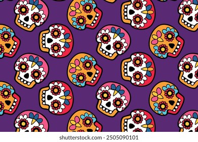 Dia de los Muertos pattern, skulls on purple background, bright festive colors, fabric and web design, lively and traditional Mexican pattern