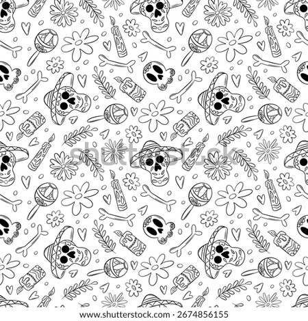 Dia de los Muertos. Pattern for traditional Mexican holiday dedicated to the memory of the dead. Skull, flowers, bones, guitar