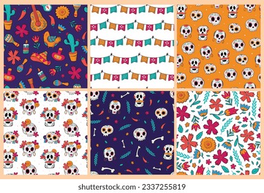 Dia de los muertos patterns set. Day of the dead seamless patterns for wallpaper, textile prints, backgrounds, packaging, wrapping paper, stationary, scrapbooking. EPS 10