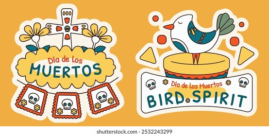 Dia de los Muertos Banderín Cruz y Pájaro Pegatina Espíritu, Ilustración de dibujos animados simple