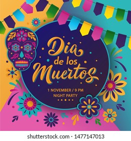 Dia de Los Muertos poster design. Mexican Day of the Dead inscription on dark background. Vector colorful template with festival fire, decorated skull, flowers, lettering sign and garland. 