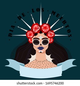 Dia de los muertos poster. The day of death. Sugar skull make up woman. Traditional Mexican holiday celebration. Latin festival. Dark card, poster and web design element. Modern hand drawn design. 