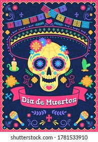 Dia de los muertos poster. Dead day holiday, skull with flowers, ribbons and text, traditional mexican latin festival, vector background. Colorful flags, candle and cactus, holiday celebration