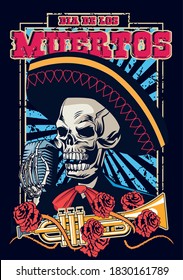 dia de los muertos poster with mariachi skull and trumpet vector illustration design