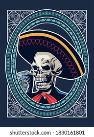 dia de los muertos poster with mariachi skull singing with microphone square frame vector illustration design