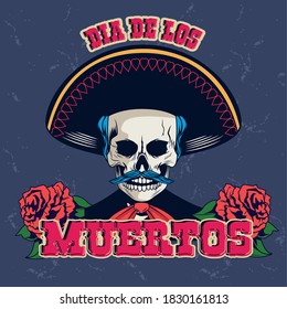 dia de los muertos poster with mariachi skull and roses flowers vector illustration design