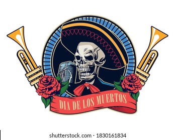 dia de los muertos poster with mariachi skull and trumpets vector illustration design