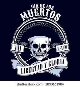 dia de los muertos poster with mariachi skull in ribbon frame vector illustration design