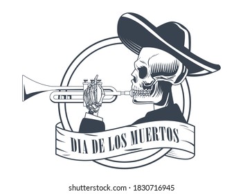 dia de los muertos poster with mariachi skull playing trumpet drawing vector illustration design