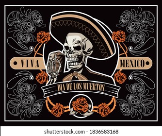 dia de los muertos poster with mariachi skull singing with microphone in brown poster vector illustration design