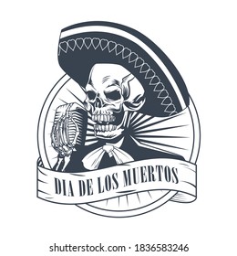 dia de los muertos poster with mariachi skull singing with microphone drawing vector illustration design