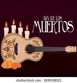 Dia de los muertos poster with a guitar and candles - Vector