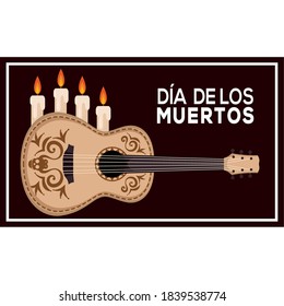 Dia de los muertos poster with a guitar and candles - Vector