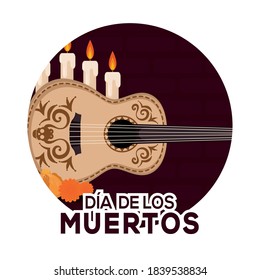 Dia de los muertos poster with a guitar and candles - Vector