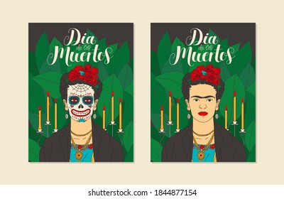 Dia de los Muertos poster with women in leaves. Portrait of Catrina and Frida on the Day of Dead. Mexican tradition festivale. Poster and greeting cards concept. Vector illustration