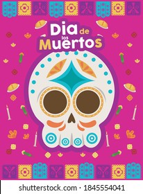 dia de los muertos poster with skull head and garlands frame vector illustration design