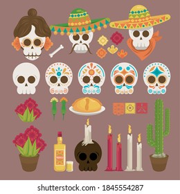 dia de los muertos poster with heads skulls and icons vector illustration design
