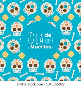 dia de los muertos poster with head skulls pattern vector illustration design