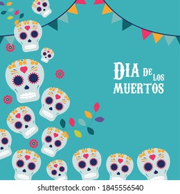 dia de los muertos poster with skulls and garlands vector illustration design