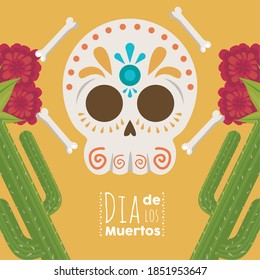 dia de los muertos poster with mariachi skull and cactus vector illustration design