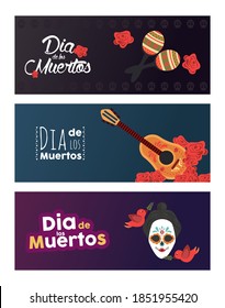 dia de los muertos poster with katrina skull and instruments vector illustration design