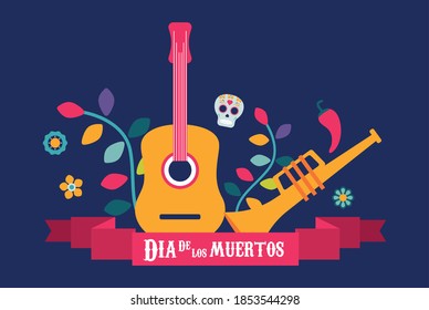 dia de los muertos poster with guitar and trumpet in flowers vector illustration design