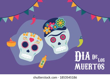 dia de los muertos poster with skulls couple and garlands hanging vector illustration design