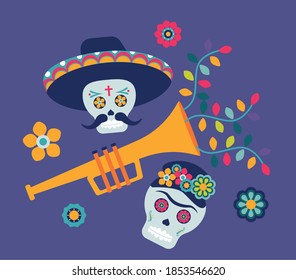 dia de los muertos poster with skulls couple and trumpet vector illustration design